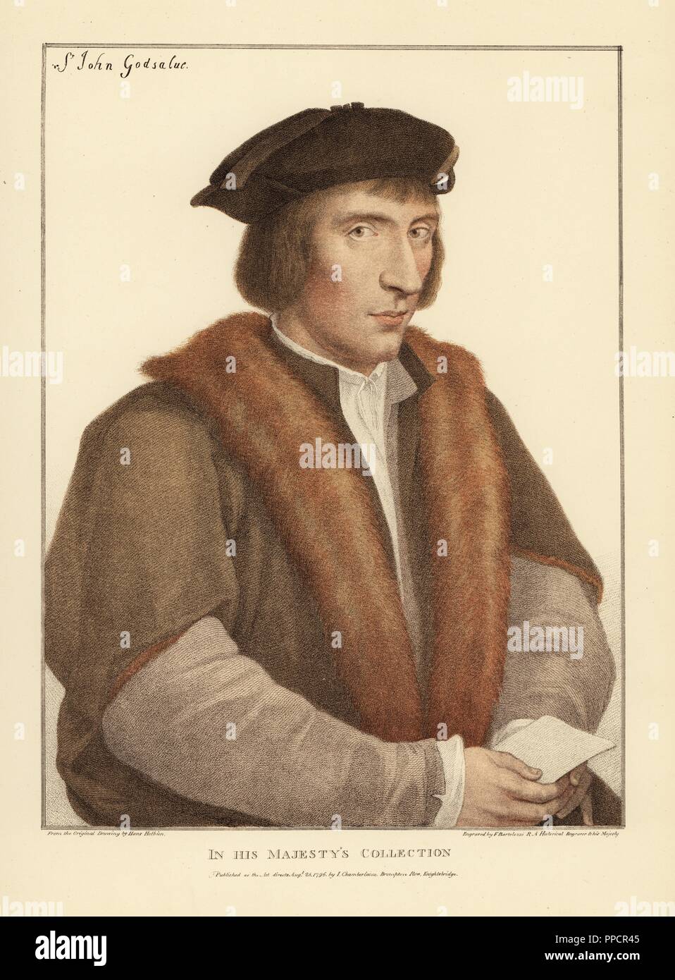 Sir John Godsalve, of Norwich, Norfolk, English politician (d. 1556). Handcoloured copperplate engraving by Francis Bartolozzi after Hans Holbein from Facsimiles of Original Drawings by Hans Holbein, Hamilton, Adams, London, 1884. Stock Photo