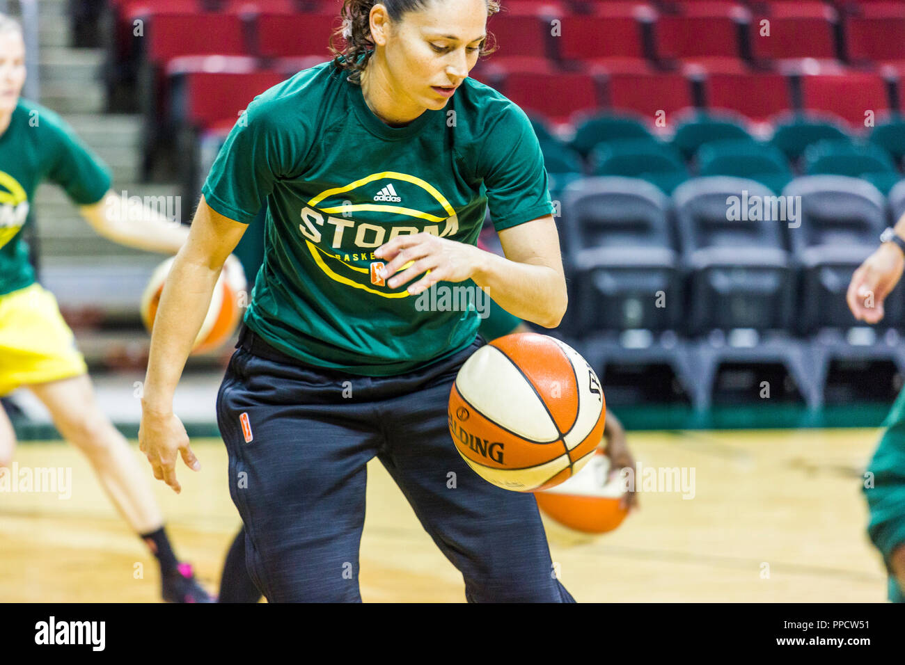 Female basketball player warming up before game, Seattle, Washington, USA Stock Photo