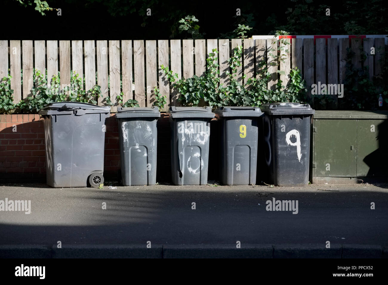 Black wheelie bins in a row on street with house numbers printed on