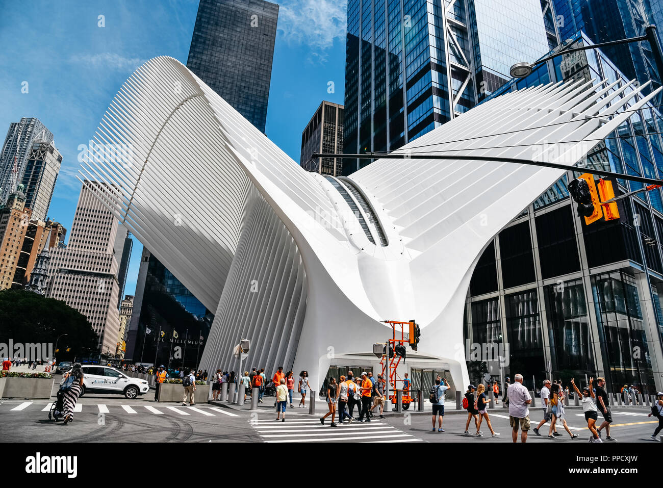 New York City, USA - June 20, 2018: Outdoor view of World Trade Center Transportation Hub or Oculus designed by Santiago Calatrava architect in Financ Stock Photo