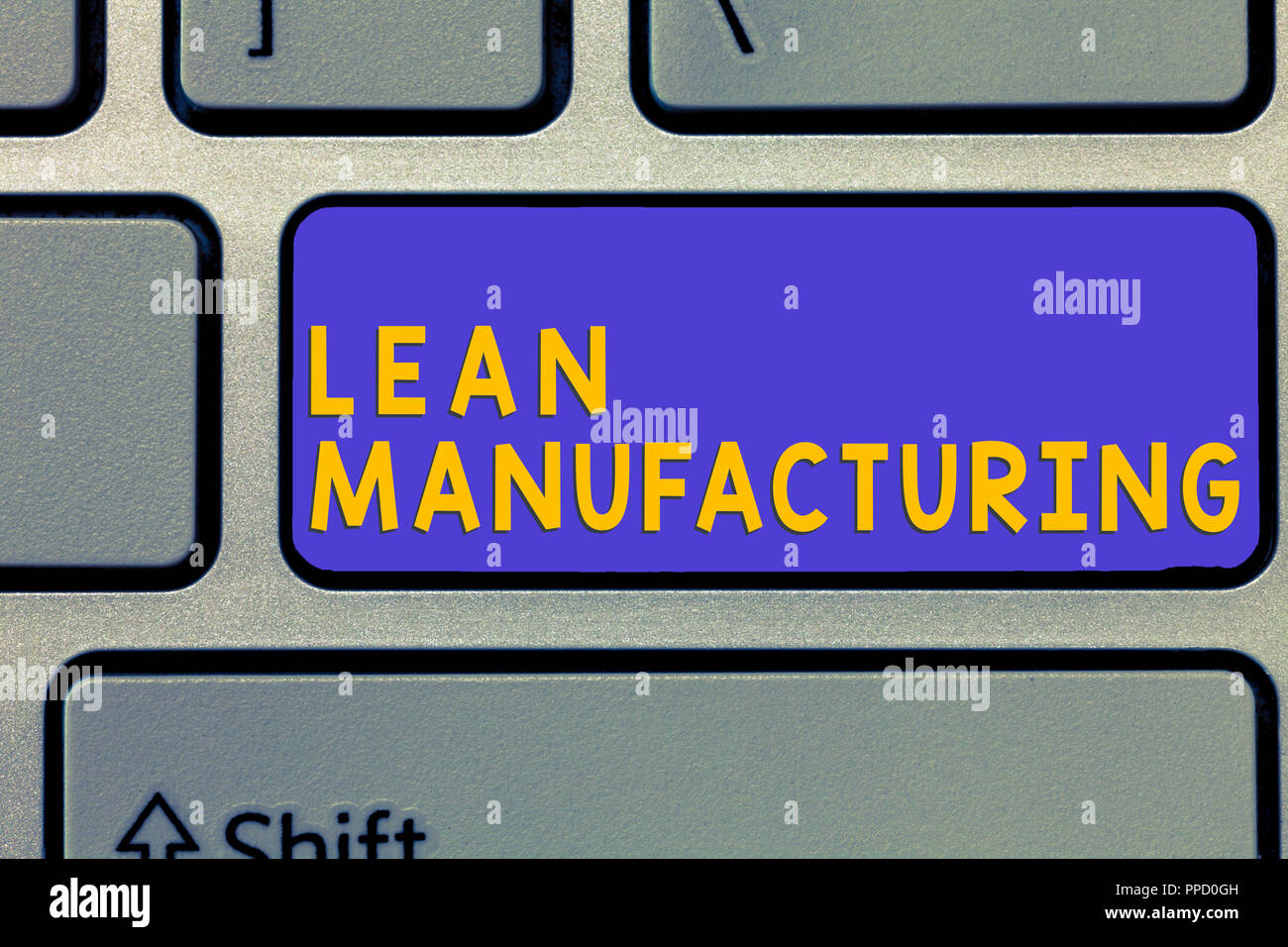 Handwriting text Lean Manufacturing. Concept meaning Waste Minimization without sacrificing productivity. Stock Photo