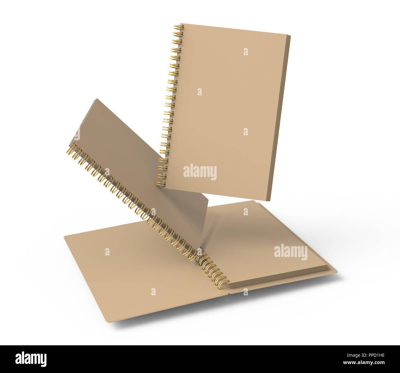 Open kraft paper notebooks mockup set floating in the air in 3d
