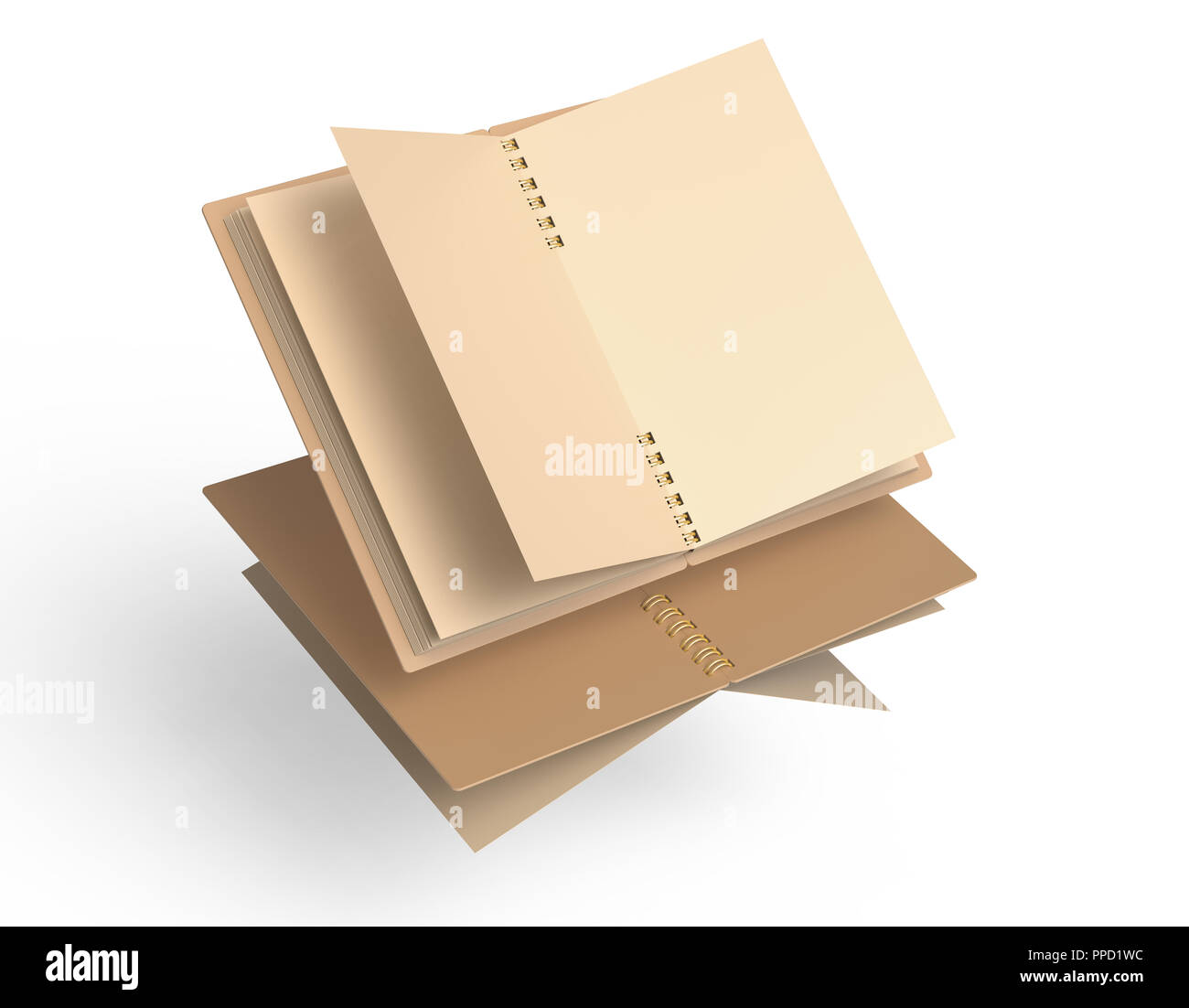 Blank open cardboard notebook isolated on white background in 3d