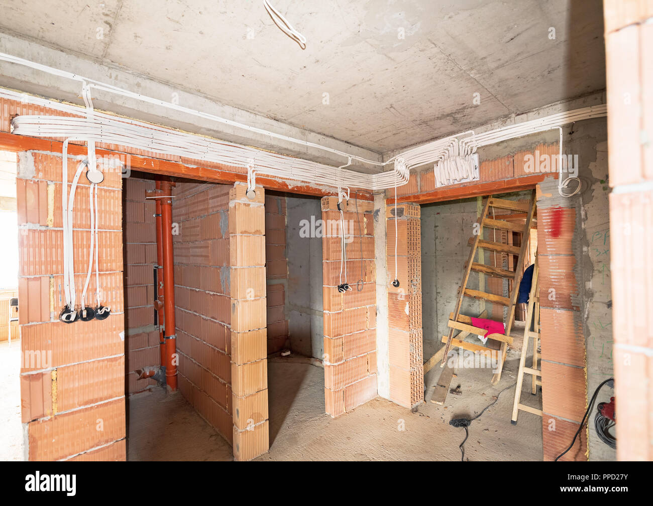 Switch board in new home. Electrical cables! Stock Photo