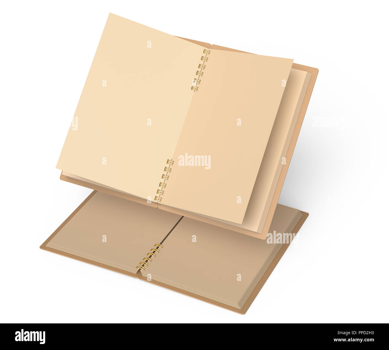 Open kraft paper notebooks mockup set floating in the air in 3d