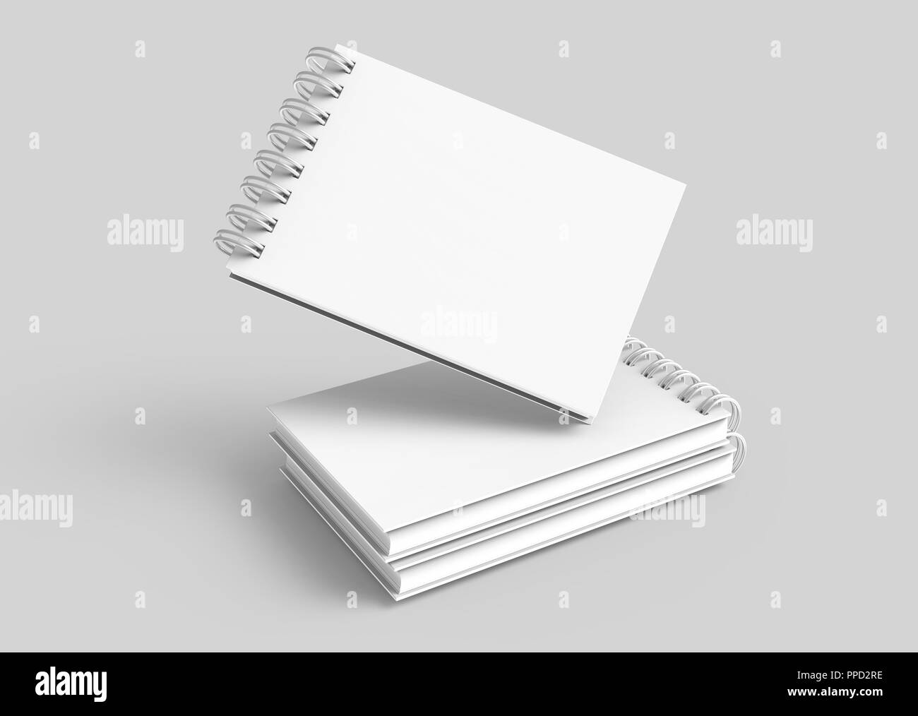 White hard cover books floating in the air in 3d rendering on grey