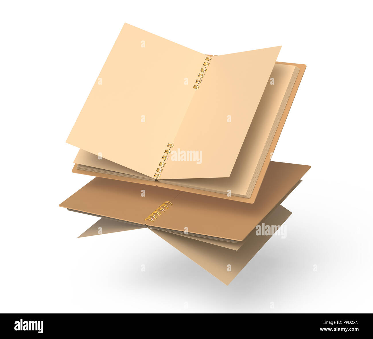 Open kraft paper notebooks mockup set floating in the air in 3d