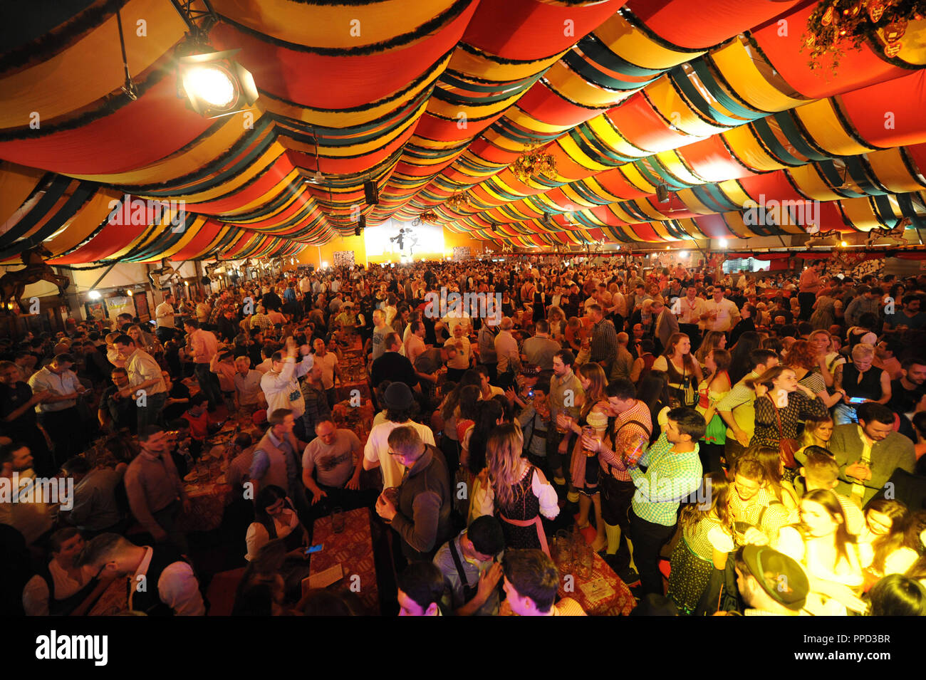 Spring festival in the beer tent Hippodrom at Theresienwiese in Munich. Stock Photo