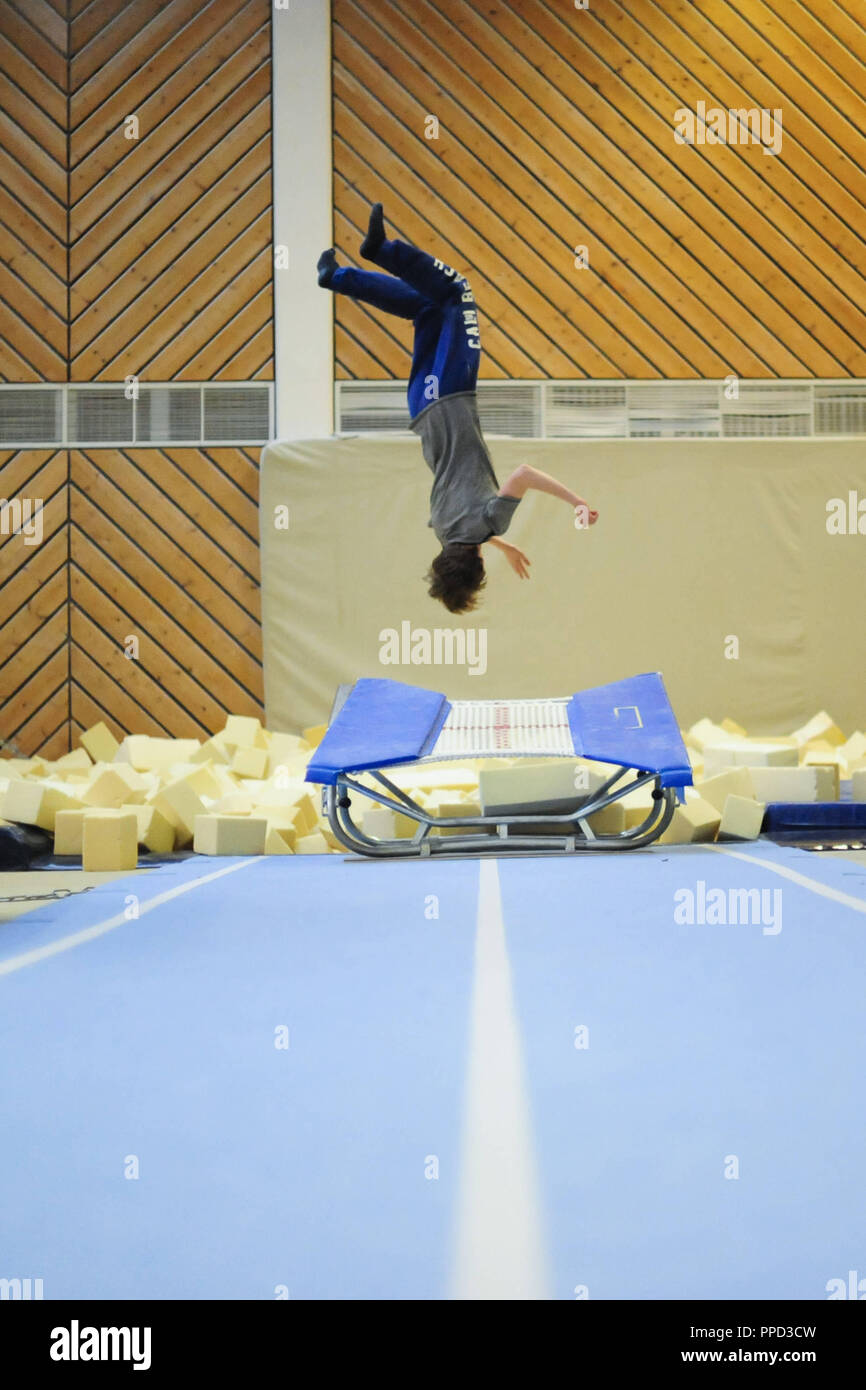 Open trampoline in the Sportschule Trampolin (trampoline sports school). Here train the trampoline professionals of Daniel Millet, in the hall the regional training center of Bavarian Gymnastics Federation in