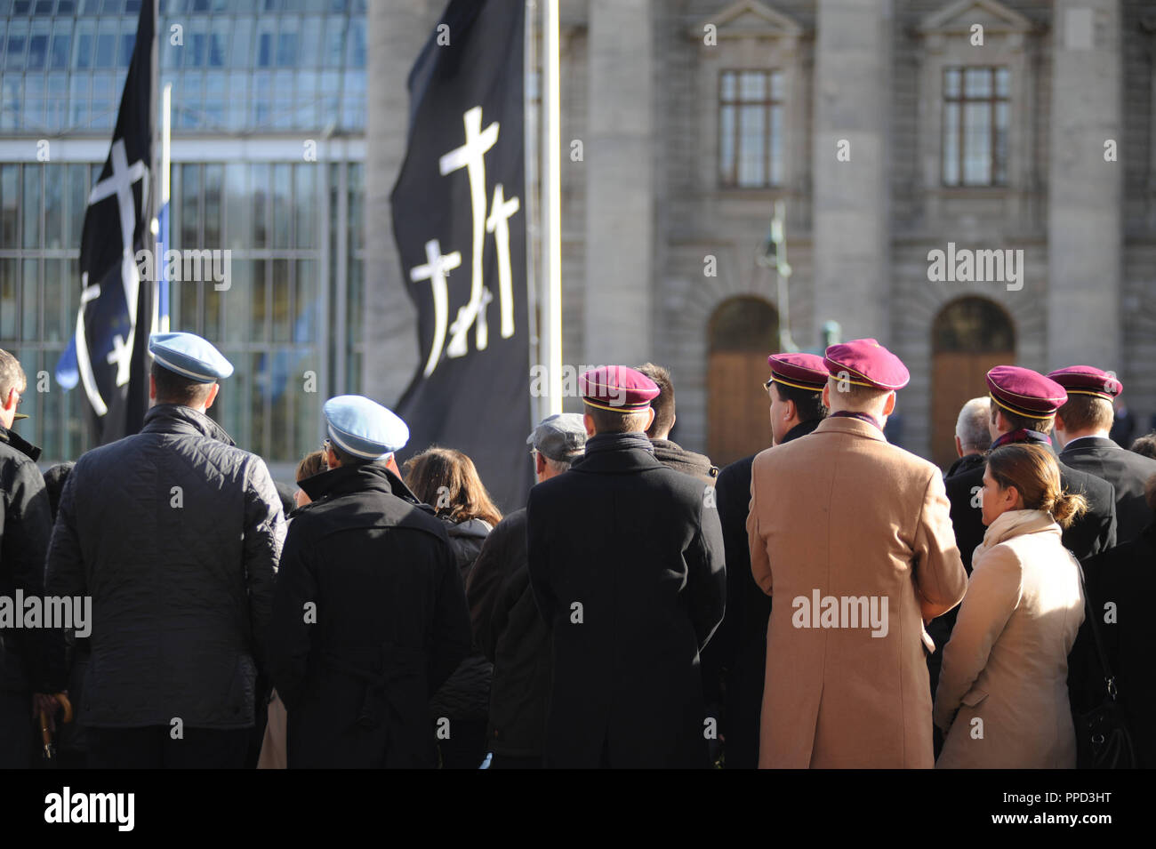 Parade of right-wing Burschenschaftern (student fraternities) on the Volkstrauertag (National Day of Mourning) as part of the memorial event at the Kriegerdenkmal (War Memorial) in the Hofgarten in Munich. Stock Photo