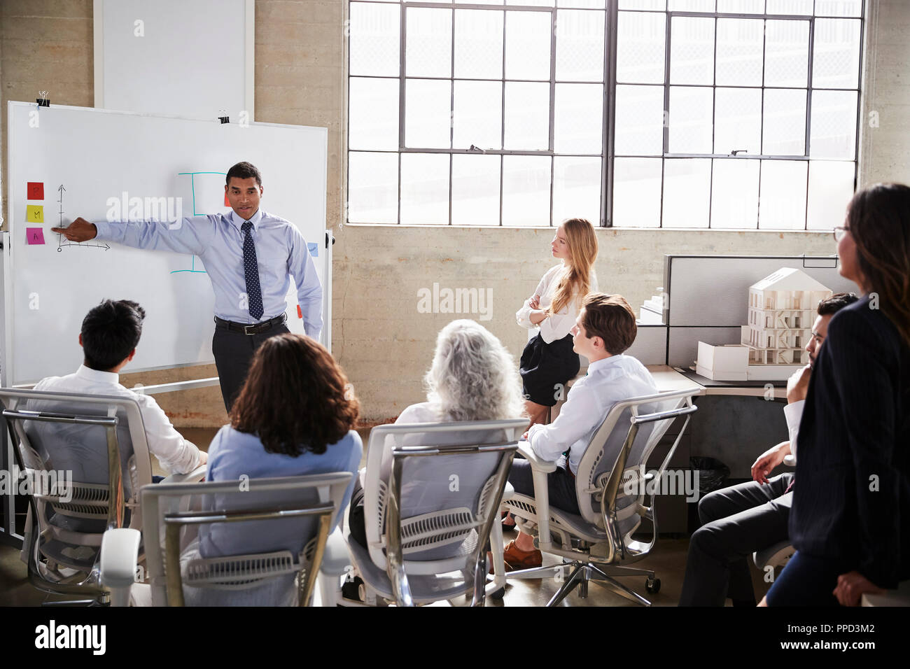 Businessmastands using whiteboard during a presentation Stock Photo Alamy