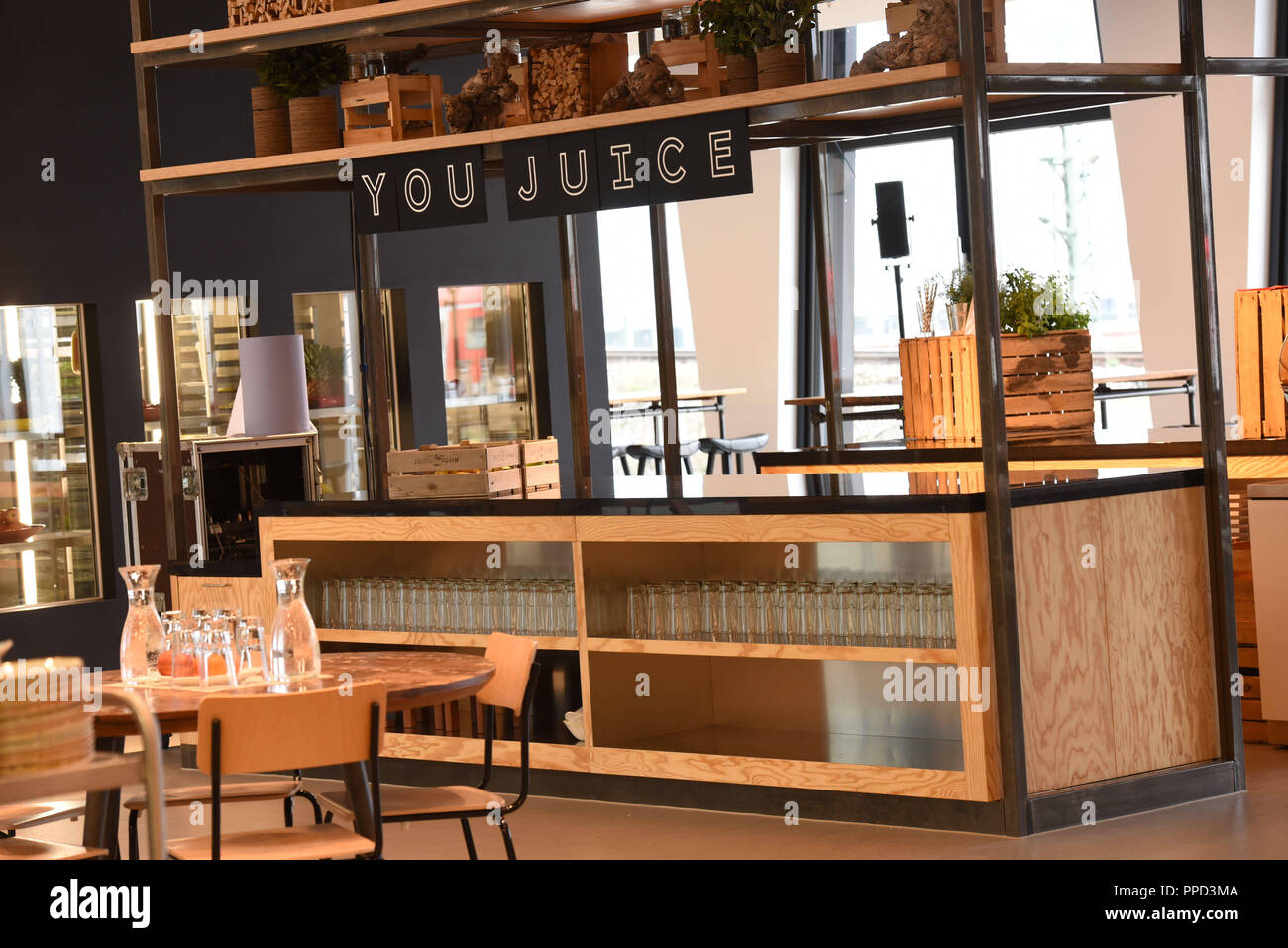 The canteen of Google in the Munich headquarters. Here, the staff can eat and drink for free. Stock Photo