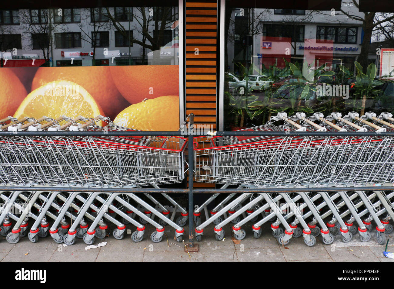 Shopping carts in front of the Tengelmann store in the Muenchner Strasse, which is closed due to a staff meeting. Stock Photo