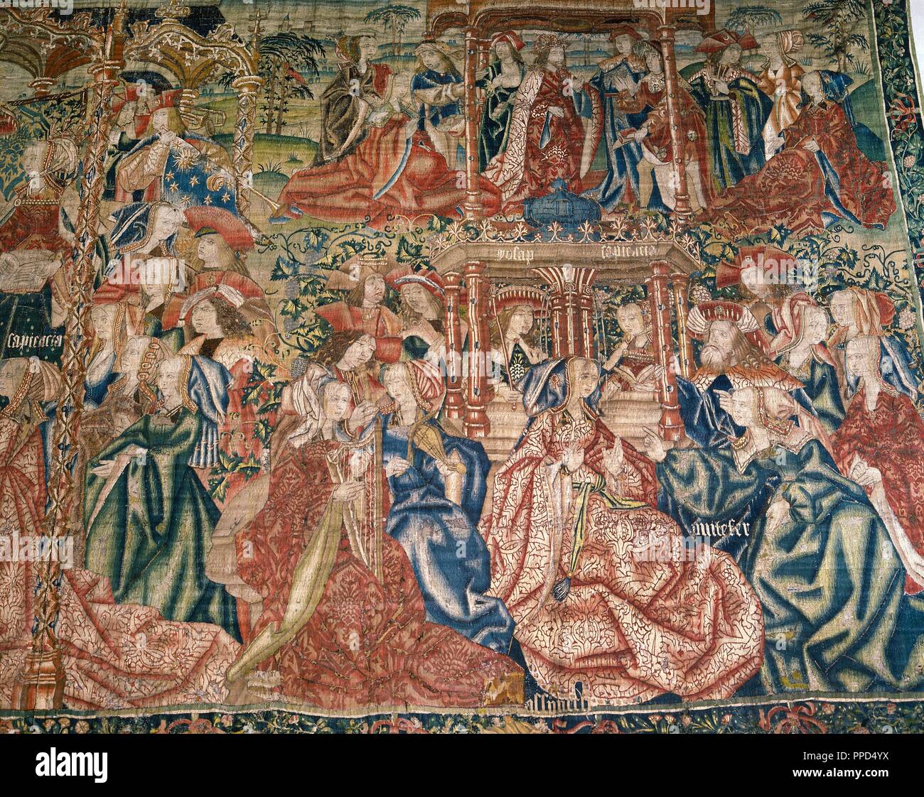Tapestry of the Serie History of Joseph in Egypt depicting the Exaltation of Joseph (detail). Story of Genesis where Joseph is sold to the Ishmaelites by his brothers in Dotan for 20 silver coins, and his subsequent exaltation in the court of Pharaoh. Made in Brussels, early 16th century. Donated by the archbishop Fernando de Aragon. Major Sacristy of the Cathedral of Tarragona. Catalonia. Spain. Stock Photo