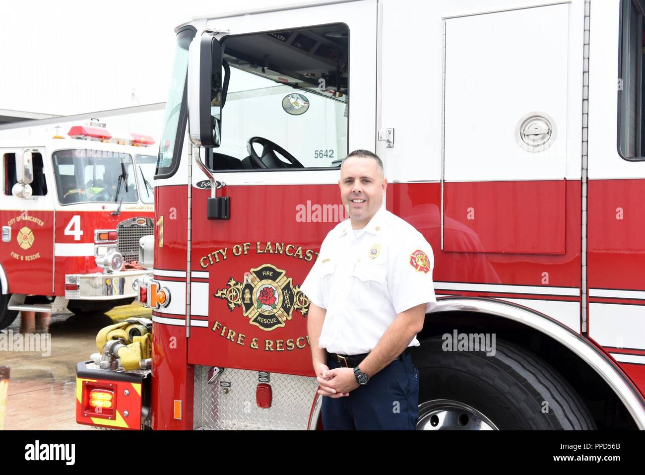 Scott Little, fire chief of Lancaster’s Bureau of Fire, poses for a picture Aug. 21, 2018, Lancaster, Pennsylvania. Little is the first fire chief hired from outside of the organization since Lancaster’s Bureau of Fire was organized as a career fire department in 1882. Stock Photo