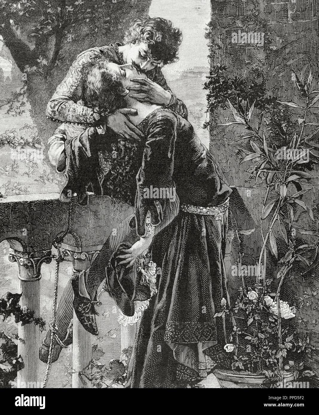 William Shakespeare (1564-1616). English writer. Romeo and Juliet kissing. Engraving, by Falander, 1887. Stock Photo