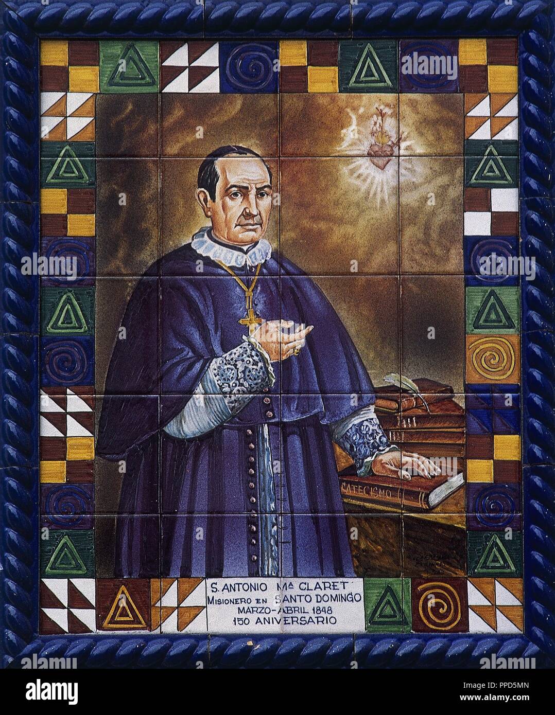 Saint Anthony Mary Claret (Sallent, 1807-Cistercian abbey at Fontfroide, Narbonne, 1870). Spanish Roman Catholic  archbishop and missionary.  He was confessor of Isabella II of Spain. Founder of the congregation called the Claretians. Ceramic panel on the facade of the Church of Santo Domingo de Guzman. Las Palmas de Gran Canaria, Canary Islands, Spain. Stock Photo