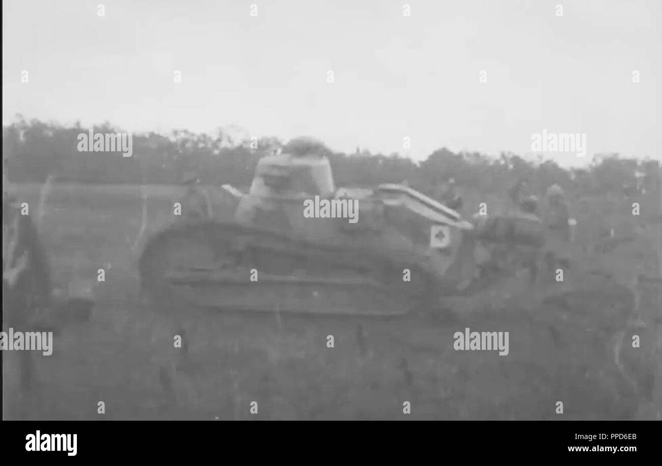 An American light tank advances in support of the 42nd 'Rainbow' Division during the Saint Mihiel Offensive, Sept. 12-16,1918 in this still from a 1918  Army Signal Corps film. The French-built Renault 17 tank was one of 144 American tanks which supported the 42nd Division attack. Stock Photo