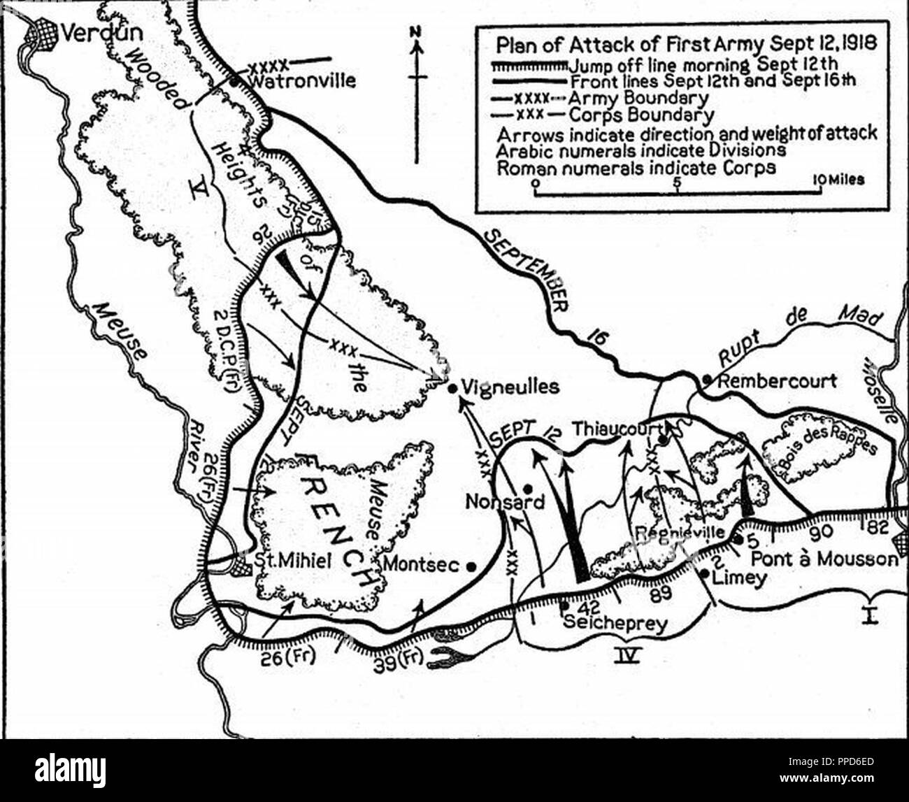 This map illustrates the First U.S. Army attack on the St. Mihiel salient in September 1918. The 42nd Division is part of the IV Corps and attacked north toward Vigneulles. Stock Photo