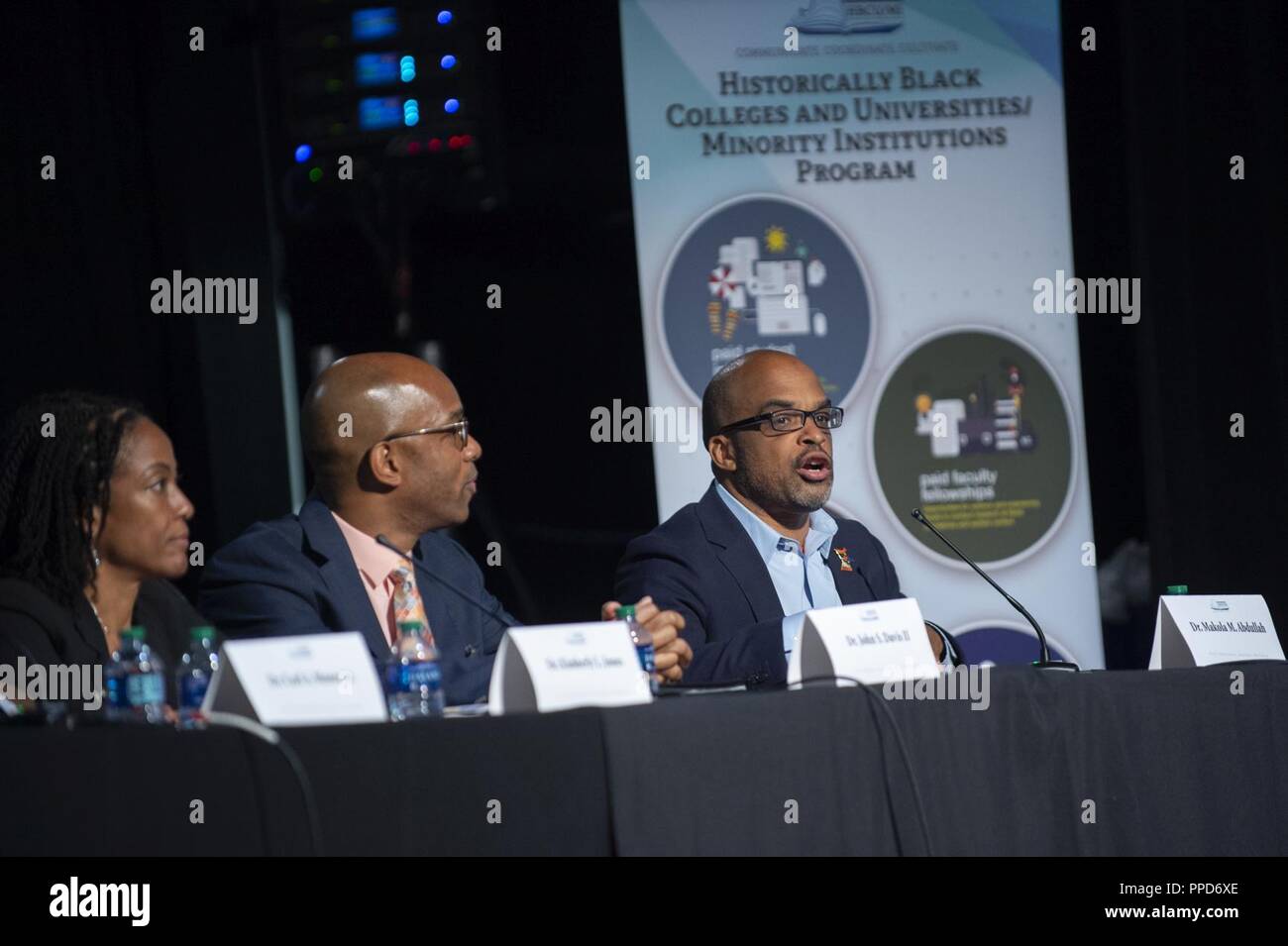 ATLANTA, Ga. (Aug. 30, 2018) Dr. Makola Abdullah, right, president,  Virginia State University, joined a panel consisting of seven friends and  former engineering students at Howard University (HU) who now have PhDs