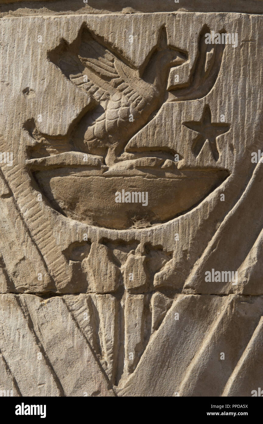 Egyptian Art. Temple of Kom Ombo. Ptolemaic Dynasty. 2nd century B.C. Dedicated to the crocodile god Sobek and falcon god Haroeris. Bird. Relief. Stock Photo