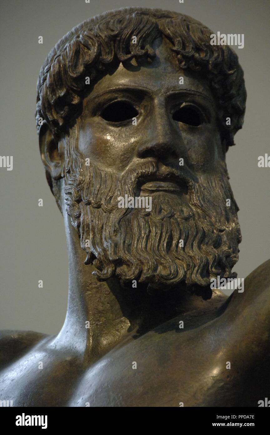 Greek art. Classical period. Initial Period. Zeus. Bronze sculpture. Dated to the year 460 BCE Found at sea from Cape Artemision. Severe Style. Detail of the head. National Archaeological Museum. Athens. Greece. Stock Photo