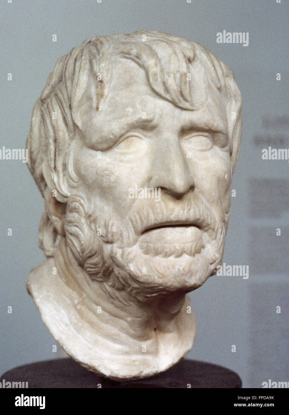 Pseudo-Seneca. Bust identified with the Roman philosopher Seneca during lot of time. It may represent the Greek poet Hesiod (ca. 700 BC). Roman copy of a lost Hellenistic sculpture. Roman bust. British Museum. London, England. Stock Photo