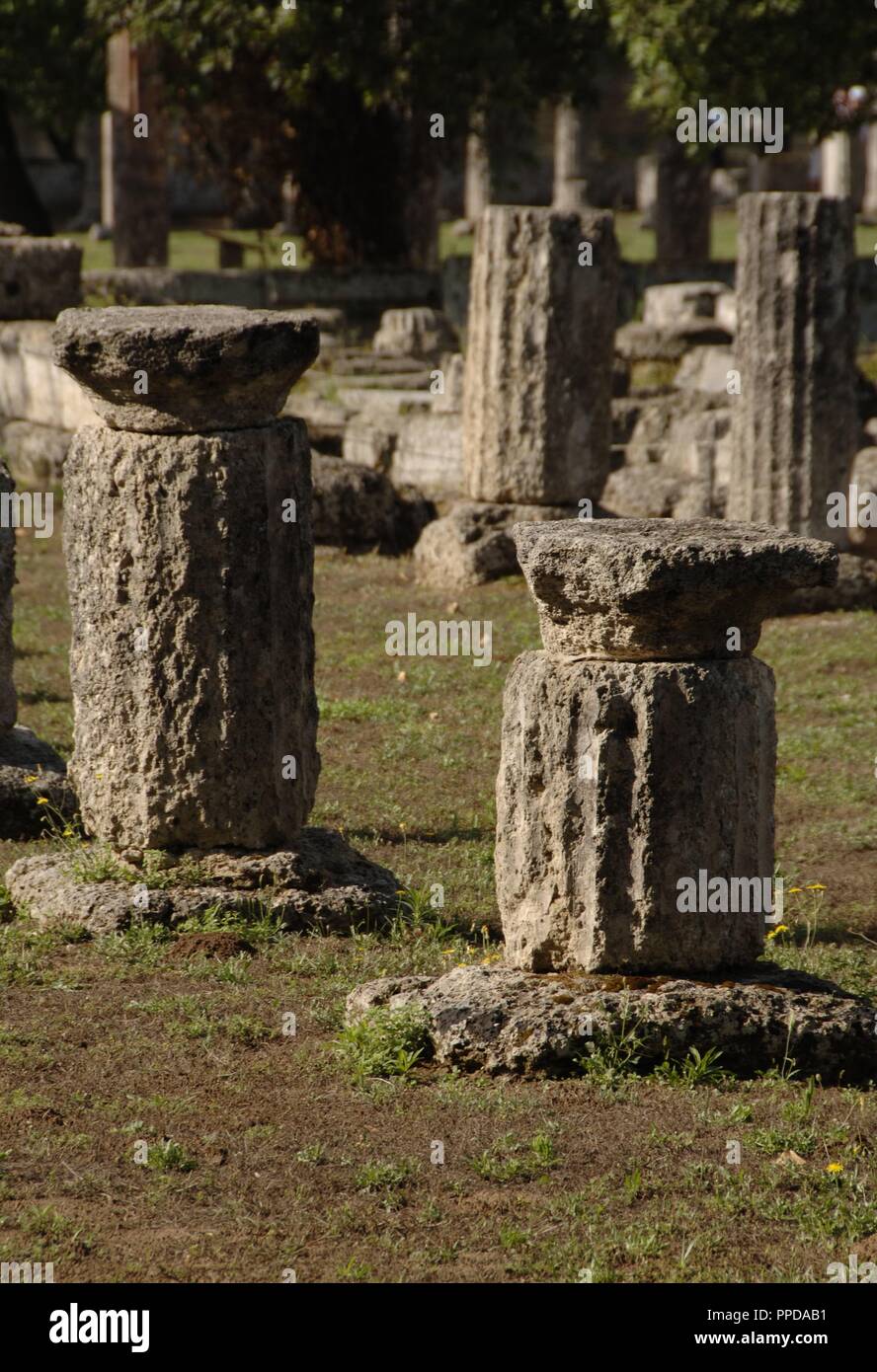 Greece. Peloponesse. Olympia. Santuary of ancient Greece in Elis. Gymnasium (2rd century BC).  Hellenistic Period. Ruins. View. Stock Photo
