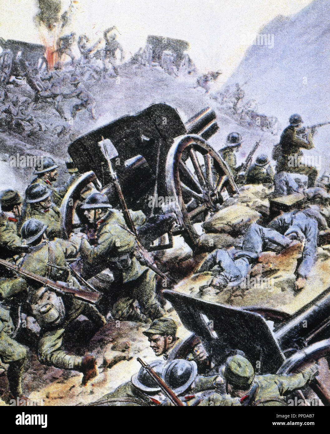 WORLD WAR (1914-1918). Italian troops against the Austrian artillery. La Domenica del Corriere (1917). Stock Photo