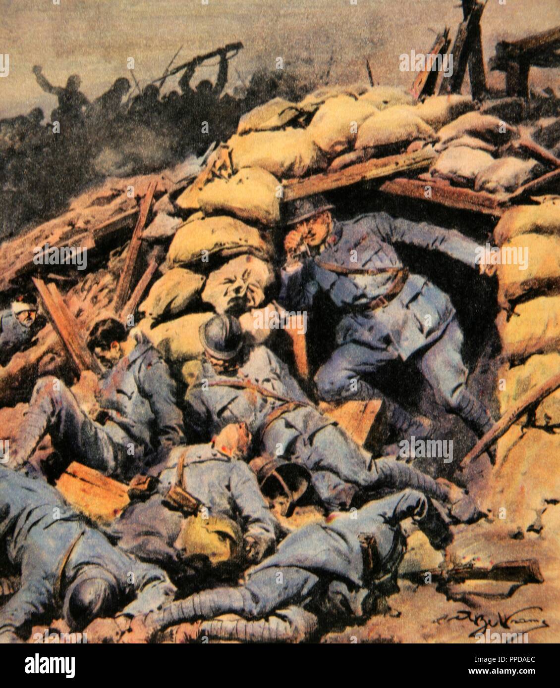 World War I (1914-1918). French captain closed in the trenches by german troops (1918). Colored drawing in ' La Domenica del Corriere'. Stock Photo