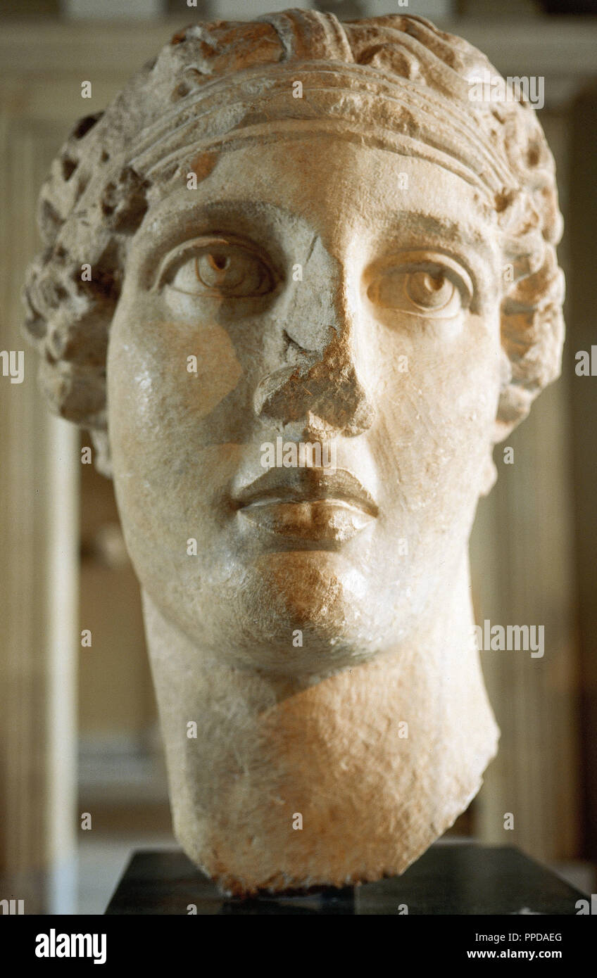 Sappho (630-570 BC). Greek lyric poet, born on the island of Lesbos. Roman bust of Sappho, copied from a lost Hellenistic original. Izmir. 2th century AD. Istanbul Archaeological Museum. Stock Photo