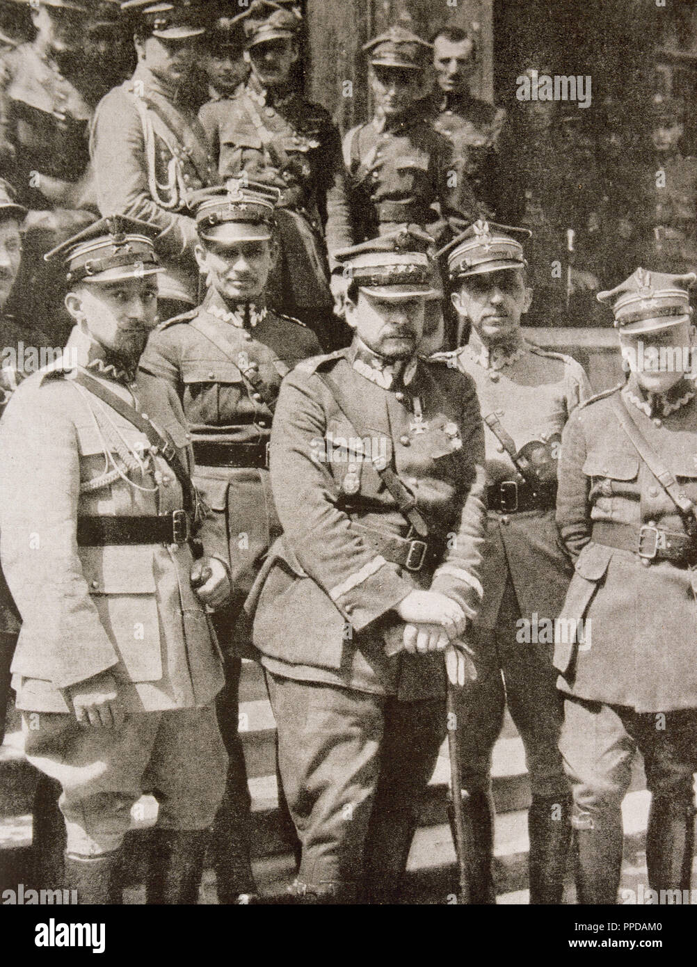 Haller de Hallenburg, Jozef (1873-1960). Polish military. He was one of the leaders of the nationalist opposition against Marshal Pitsudski. Haller surrounded by his officers in 1920. Stock Photo