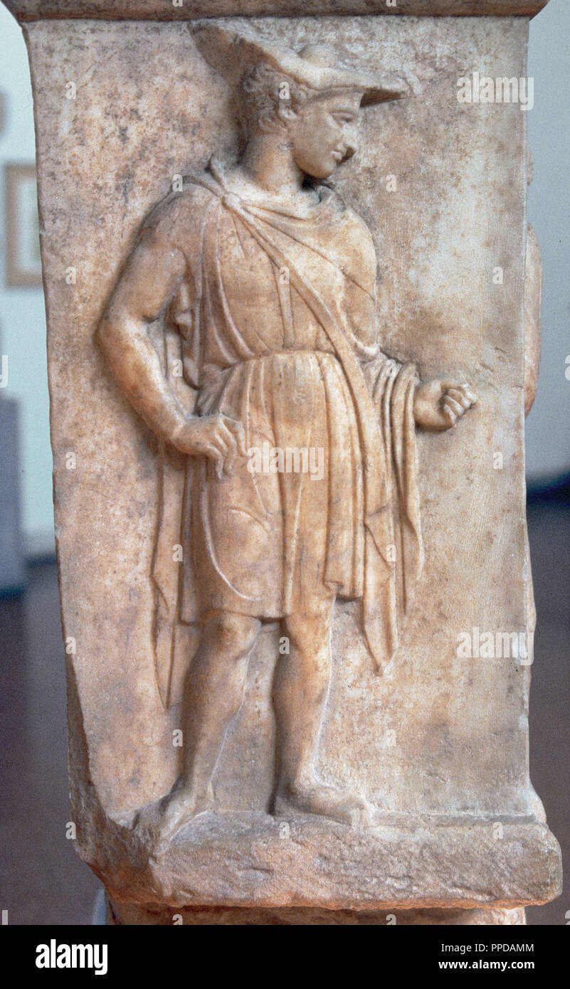 Greek art. Classical period. Memorial. Detail relief of a priest or dignitary. Attic style. 5th Century BC. Athens. National Archaeological Museum. Athens. Greece. Stock Photo