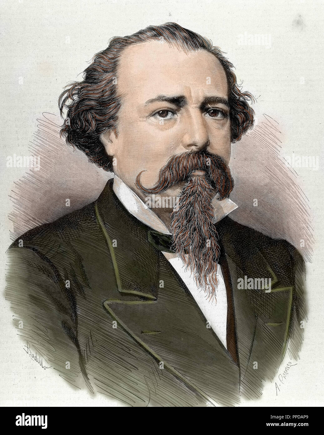 Lopez de Ayala, Adelardo (1828-1879). Poet, playwright and Spanish politician. Colored engraving from 1879. Stock Photo
