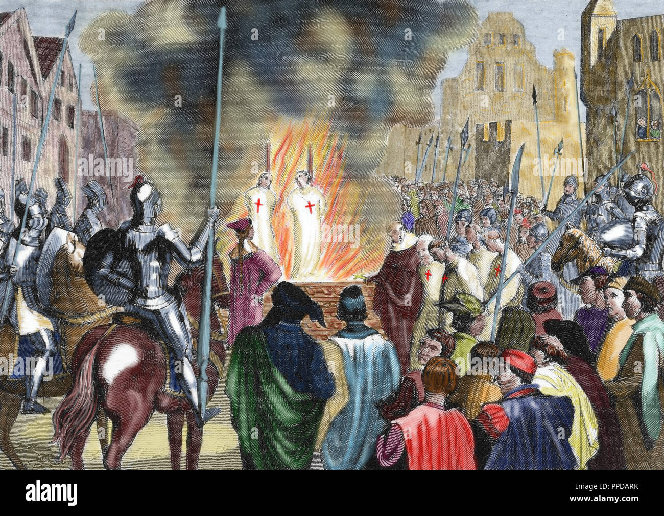 Burning Templar in the 14th century. Colored engraving of 1851. Stock Photo