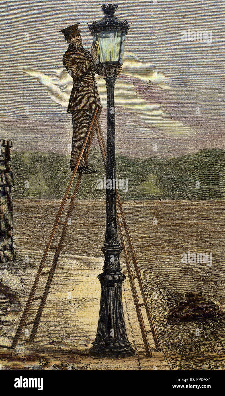 Lamplighter cleaning an old lamppost. Colored engraving by Bertrand