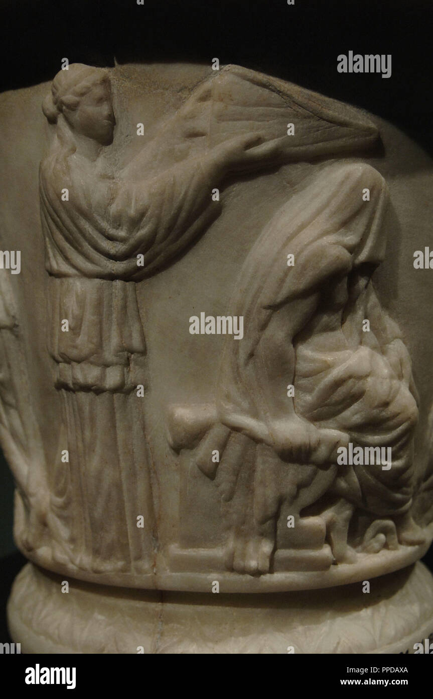 Cinerary urn with reliefs depicting Heracles (Hercules) beginning in the Eleusinian Mysteries. Detail. White marble. From the columbarium near Porta Maggiore. Dated probably early Roman Imperial period. Palazzo Massimo. National Roman Museum. Rome. Italy. Stock Photo