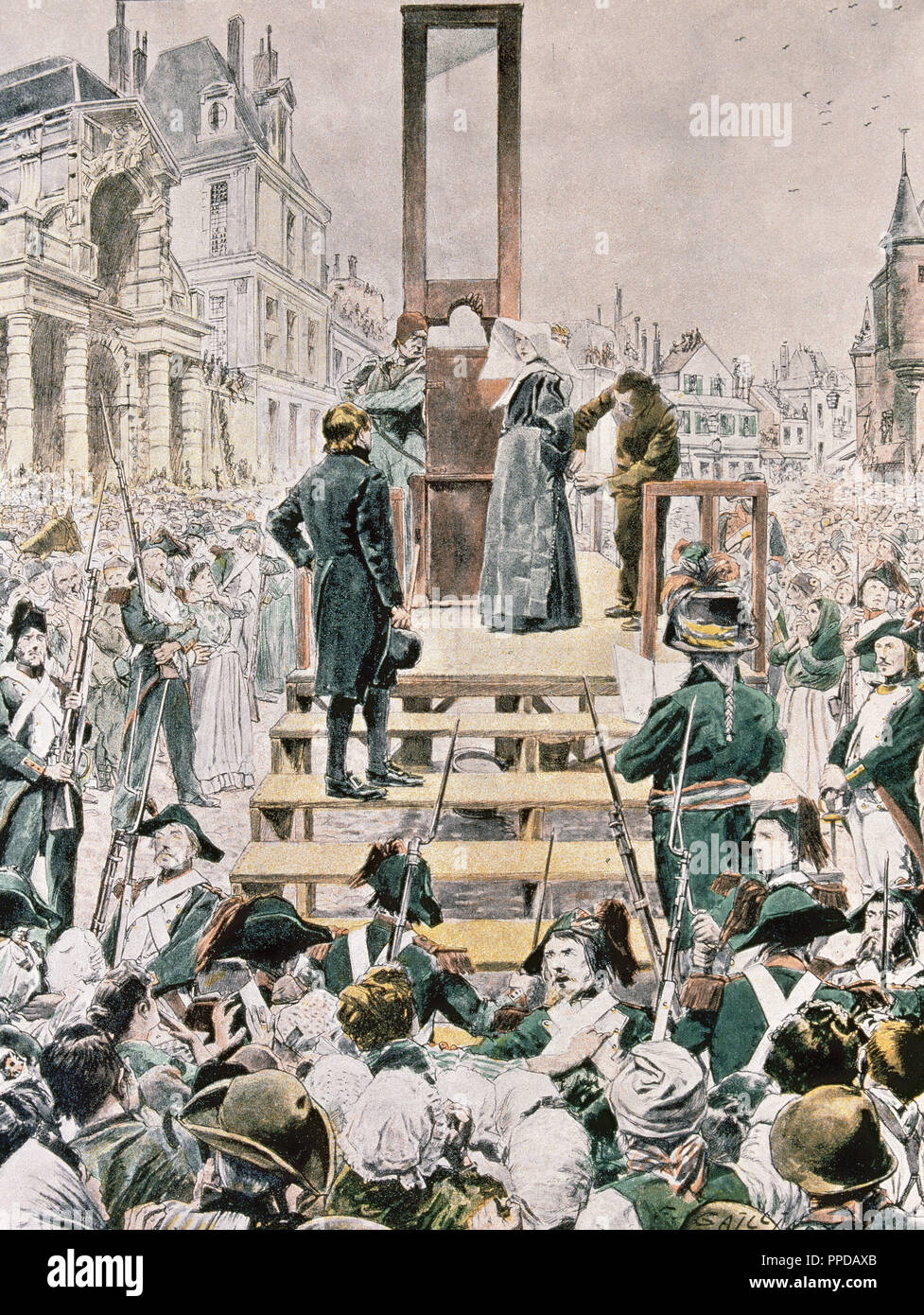 FRENCH REVOLUTION. An execution by guillotine. Sister Teresa on the scaffold to be guillotined in 1790. Colored engraving from 'L'Illustration', 1901. Stock Photo