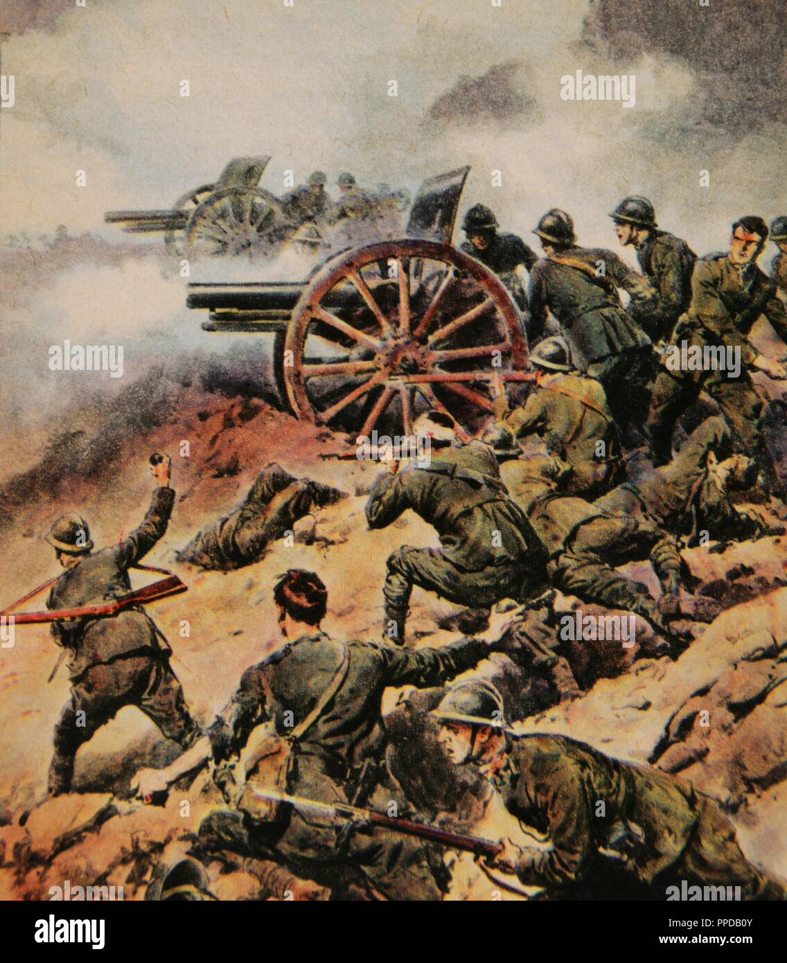 World War I (1914-1918). ' THE ITALIAN ARTILLERY IN BATTLE OF PIAVE '. Fight  between the Italian and Austro-German troops in the course of the river Piave, the Italian front. Colored drawing in ' La Domenica del Corriere ' (1917). Stock Photo