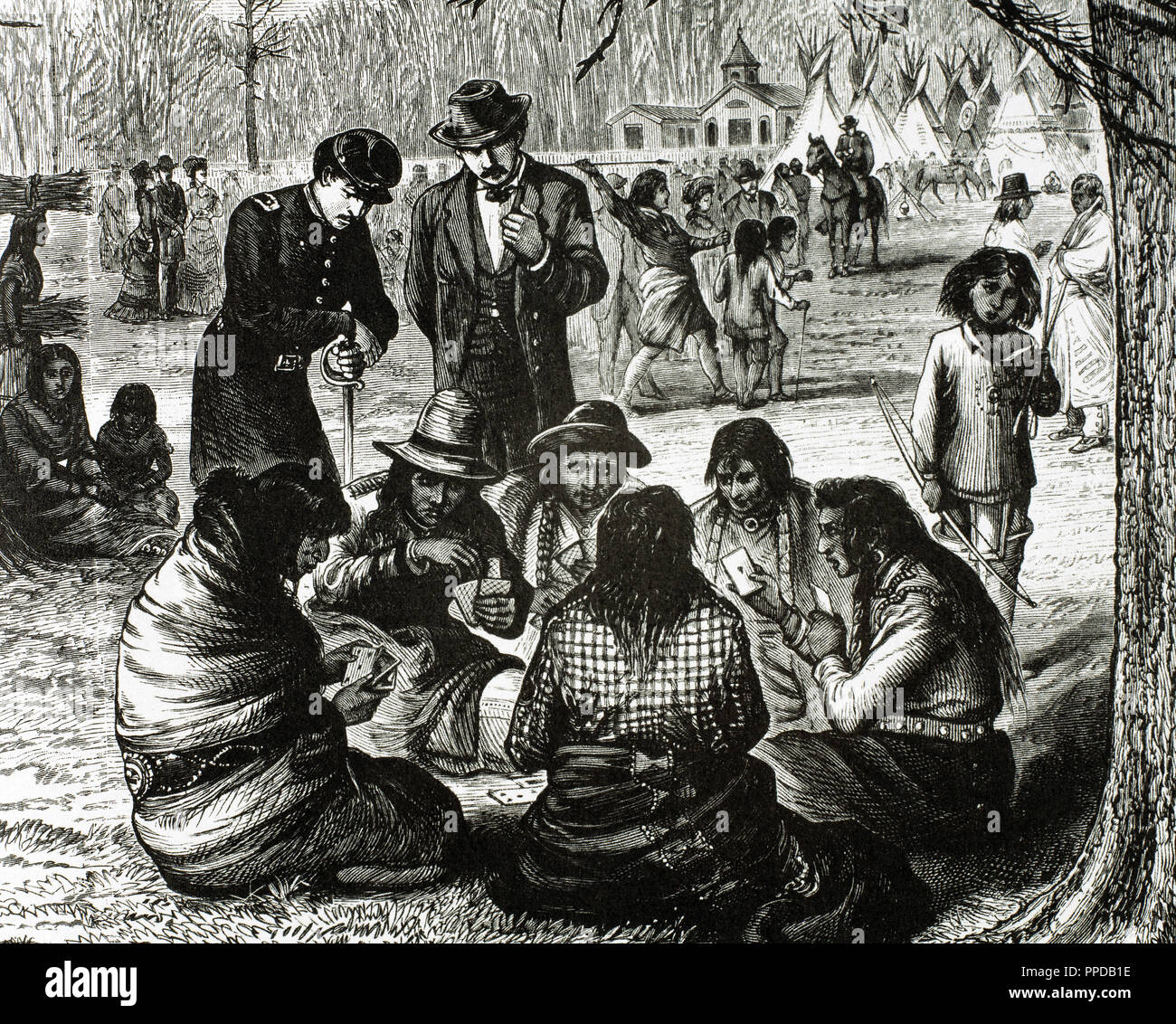 Montana Crow Indian Reservation after the confrontations that took place among a group of Dakota Indians and government agents. Engraving of "Harper's Weekly" (1887). USA. Stock Photo