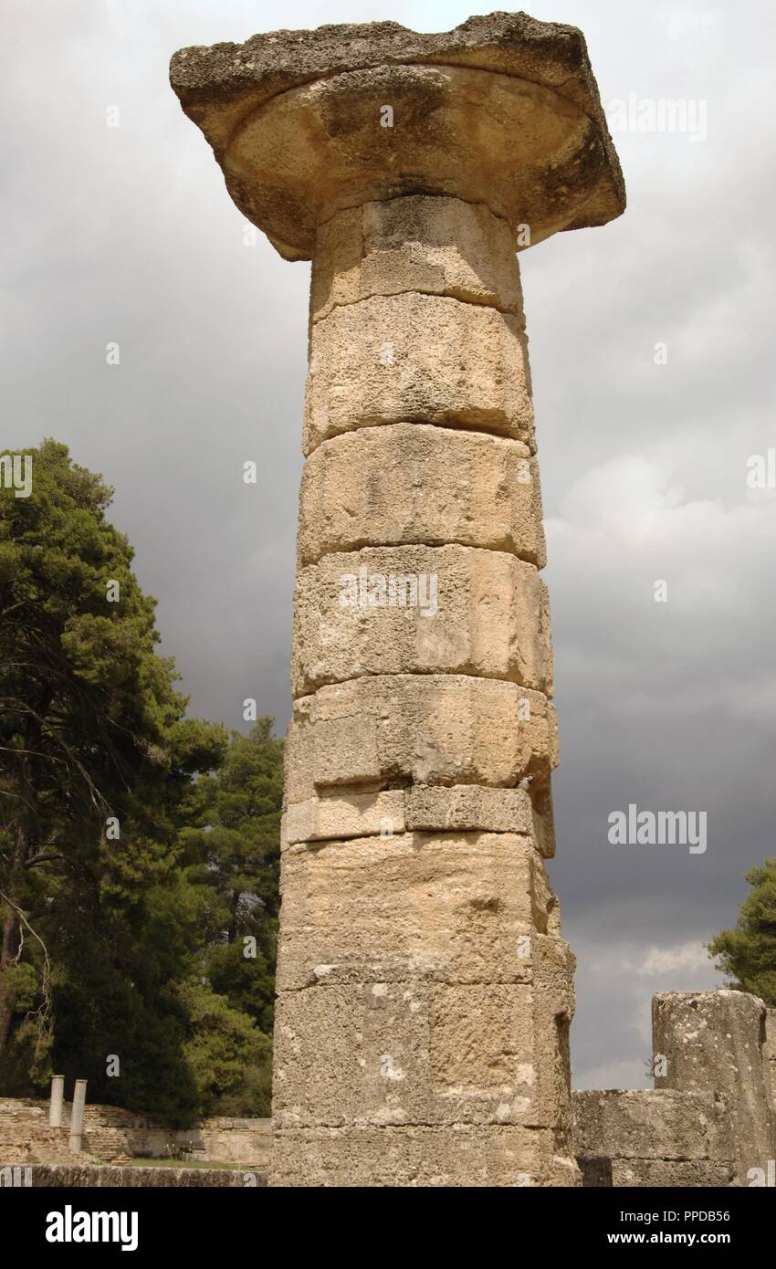 Greece. Olympia. Temple of Hera (Heraion). Doric order. Column and chapiter. 6th century BC. Restored ruins. Altis area. Peloponnese. Stock Photo