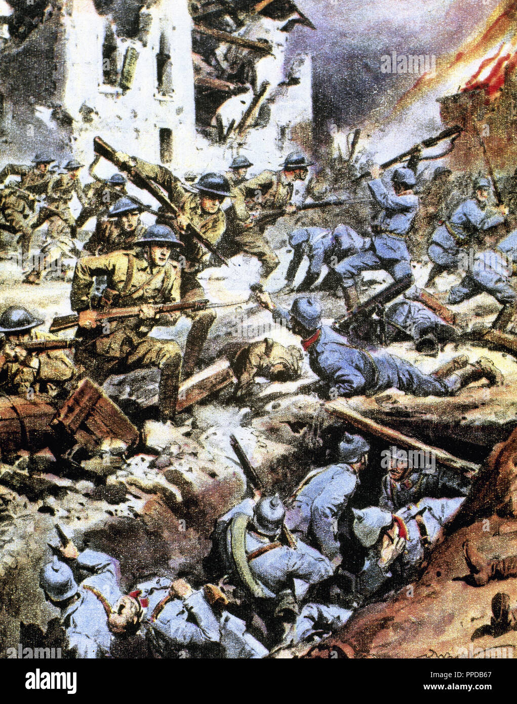 World War I (1914-1918). Attack of the allied troops in the area of Verdun: the british infantry in attack in La Baisselle  to remove a german infiltration. Drawing Color in  'La Domenica del Corriere '. Stock Photo