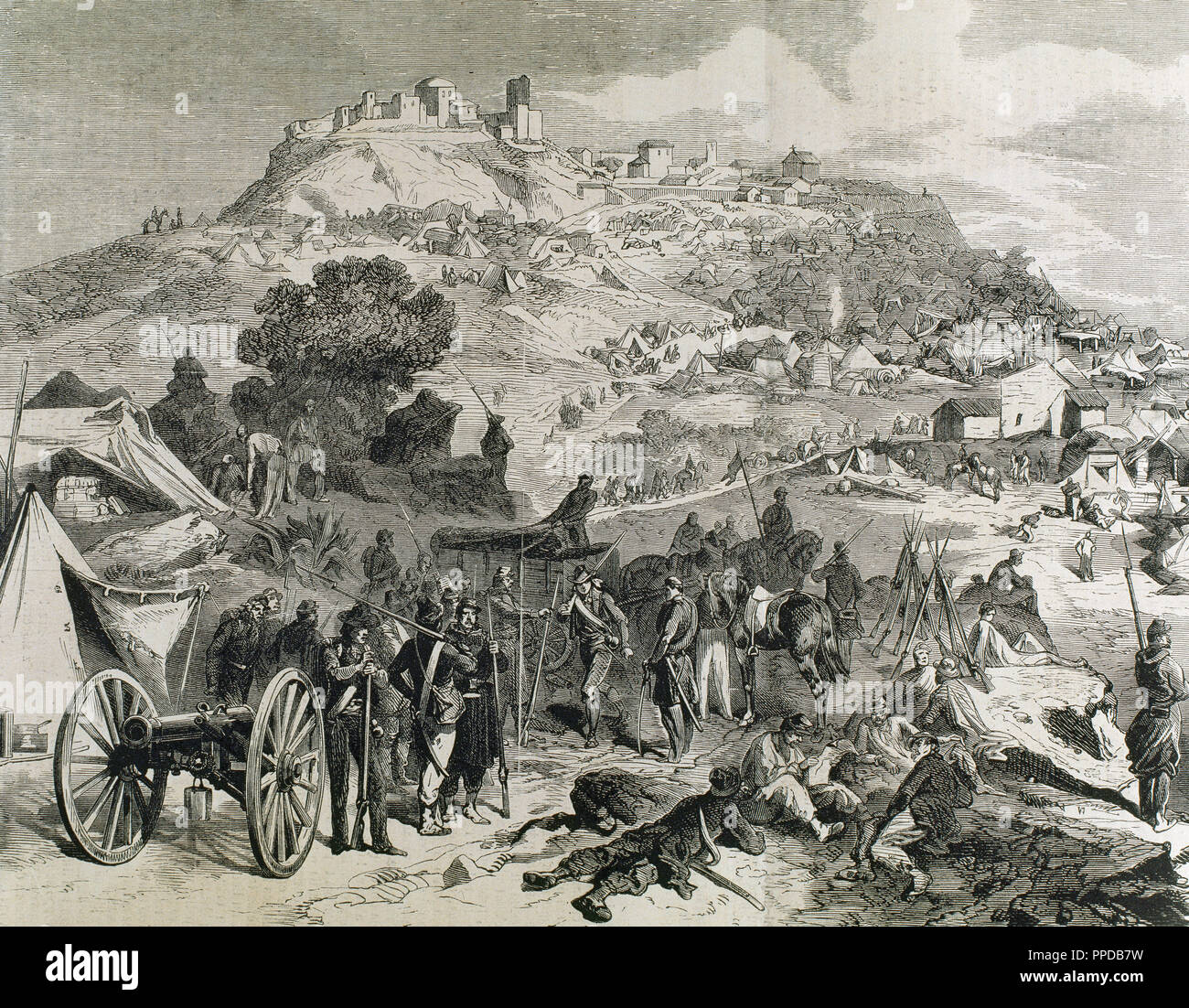 Italian unification (1859-1924). Conquest of Sicily (1860). Garibaldi goes to Palermo with the thousand volunteers called Redshirts. Camp of the troops of Garibaldi in Castrogiovanni. Engraving in 'L'Illustration (1860) by M. Sutter. Stock Photo