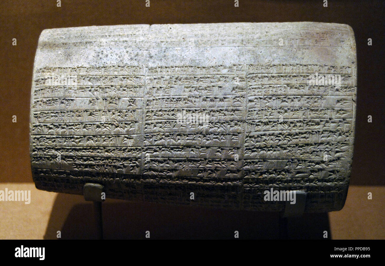 Mesopotamian art. Neo-Babylonian.Cylinder with cuneiform inscriptions of Nebuchadnezzar II listing building activities. 6th century BC. Ceramic. Metropolitan Museum of Art. New York. United States. Stock Photo