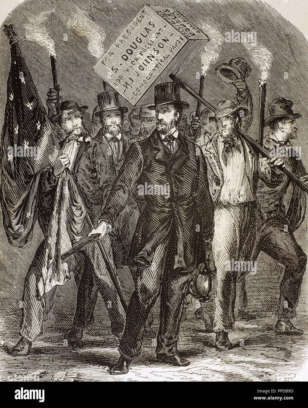 United States. Supporters of Stephen Douglas, candidate of the Democratic Party. Engraving from 'L'Illustration Journal Universel, 1860. Stock Photo