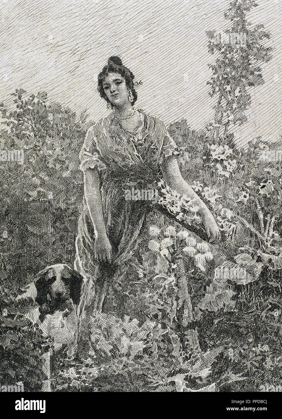 Valencia gardener. Engraving by Die´guez, 1867. Stock Photo