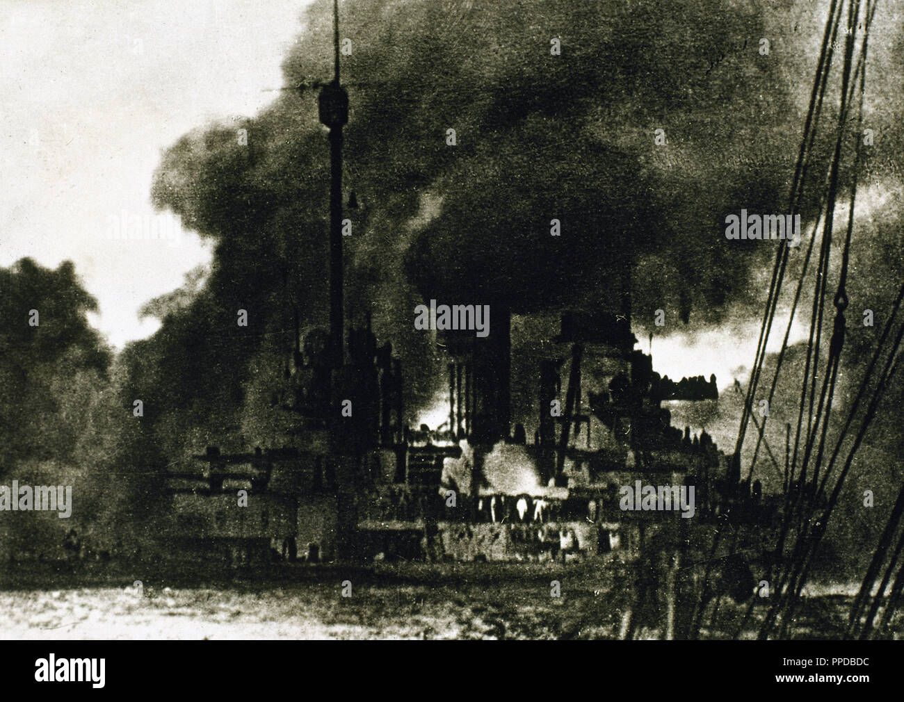 First World War. Battle of Jutland or Skagerrak between the British and the German fleet, which occurred on 31 May 1916. The German ship Seydlitz in flames. Stock Photo