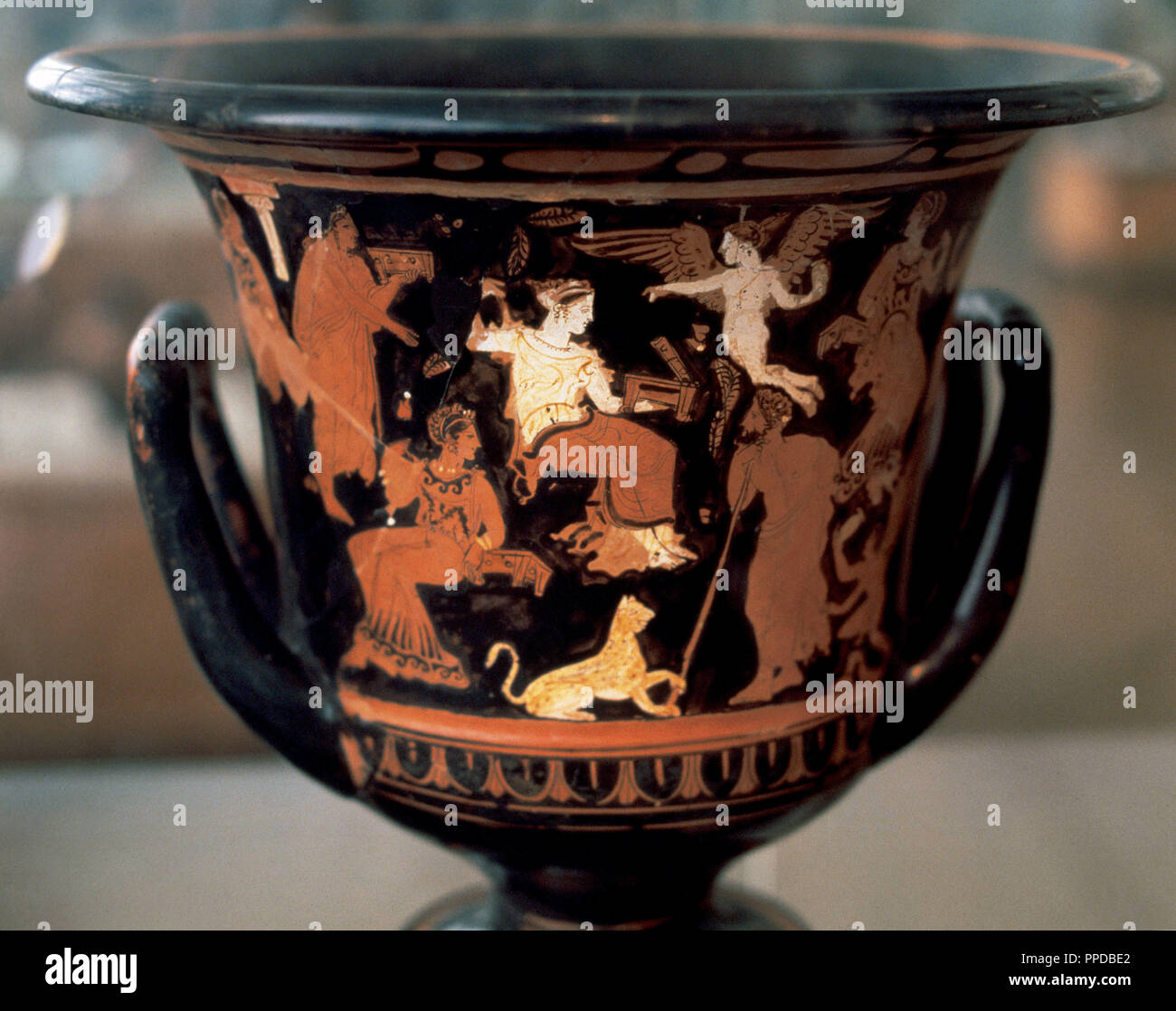 Greek art. Krater. Red figure style. It depicts parties idle. Dated to 4th century BC. National Archaeological Museum. Athens. Stock Photo
