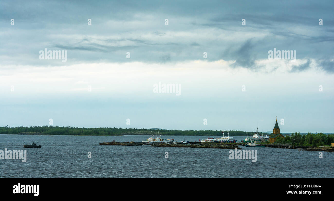 Marina view in the village of Rabocheostrovsk in the summer cloudy day, Karelia, Russia. Stock Photo