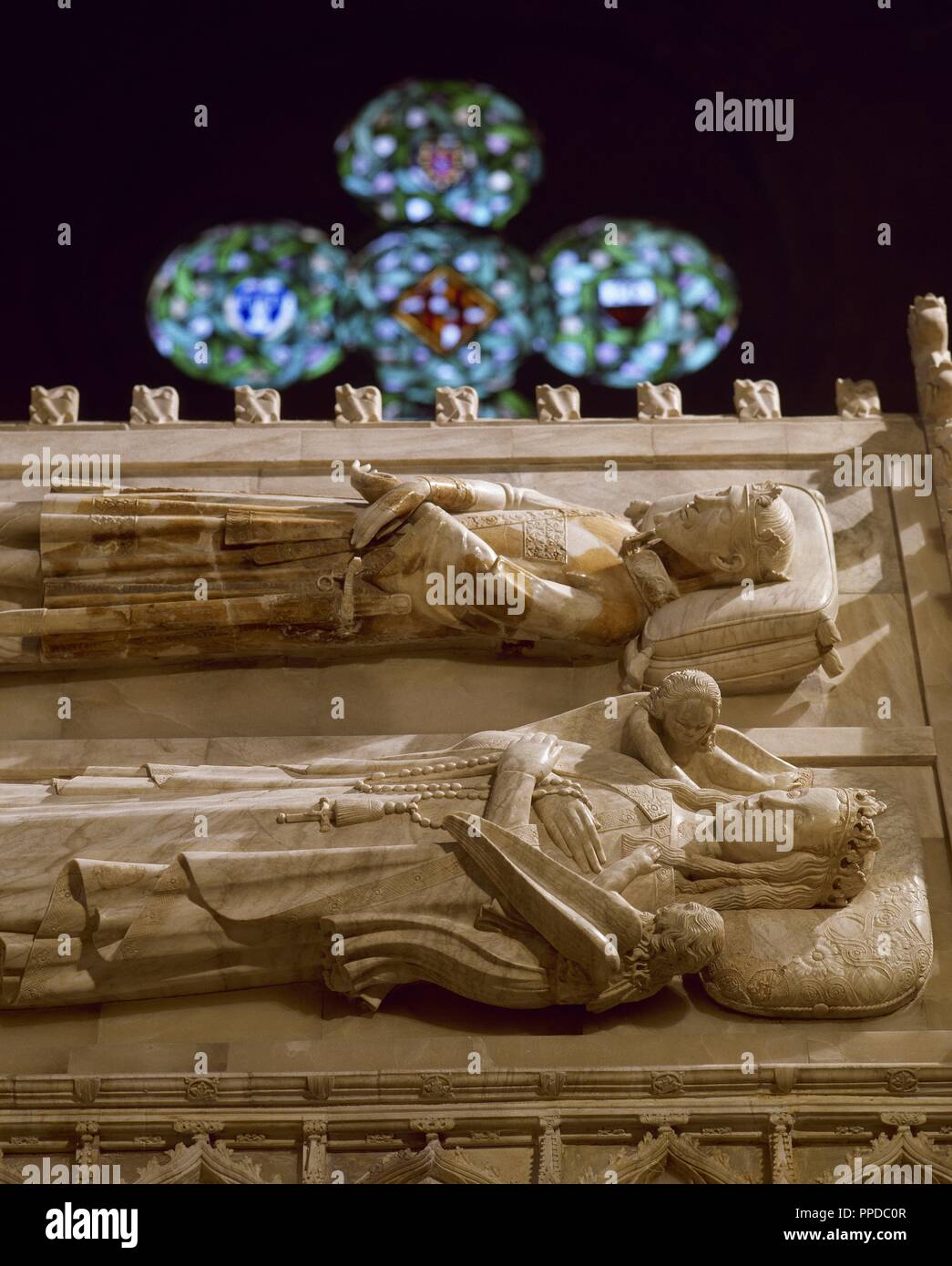 John I (1350-1395), king of Aragon (1387-1395) and his second wife, Violant of Bar (1365-1431). Tomb effigies, detail. Monastery of Poblet.  Royal Pantheon (South side). Vimbodi. Comarca of Conca de Barbera, Tarragona province, Catalonia, Spain. Stock Photo